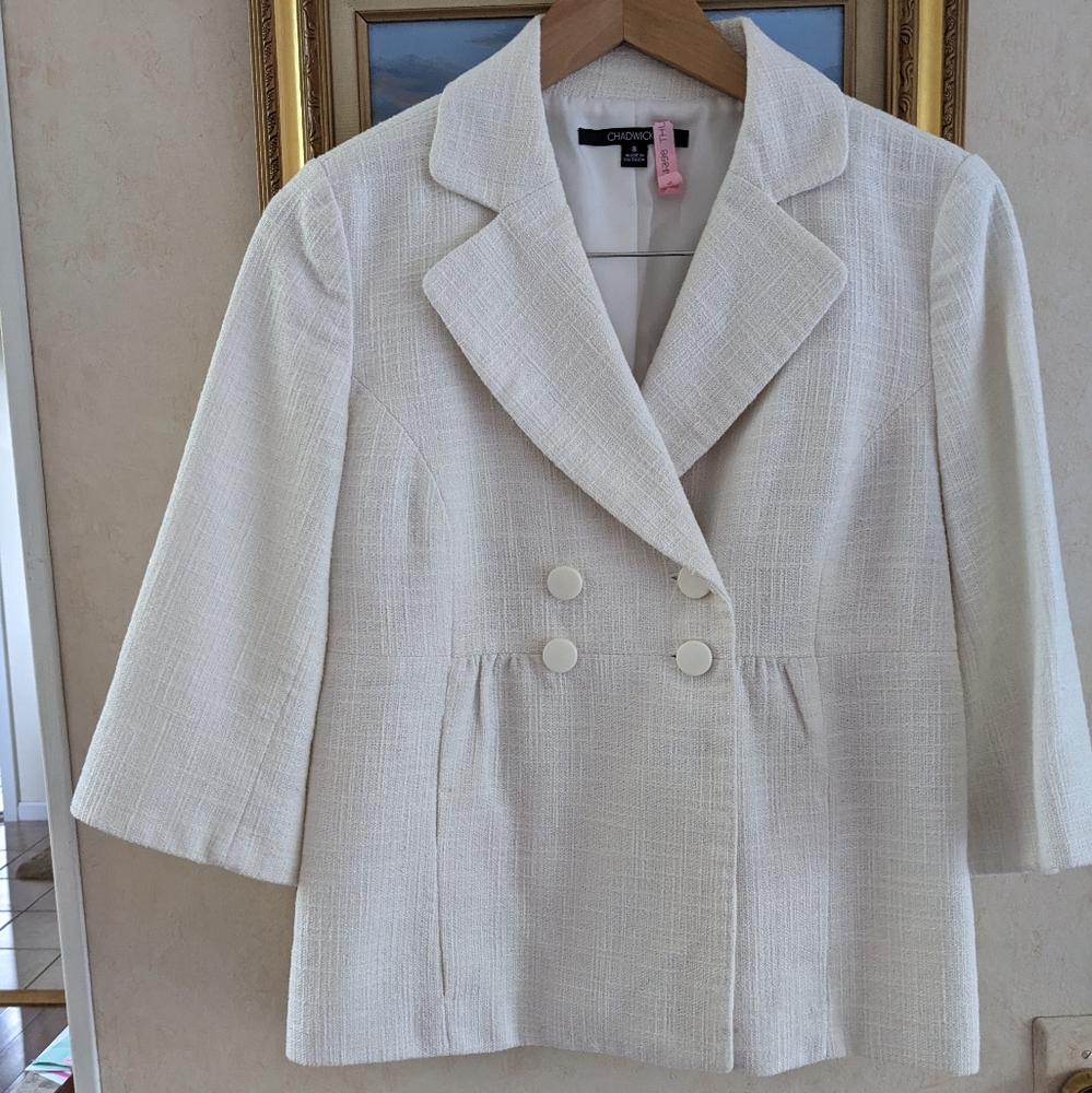 Woman's Jacket woven of white and pale yellow, lined, empire waist, size 8